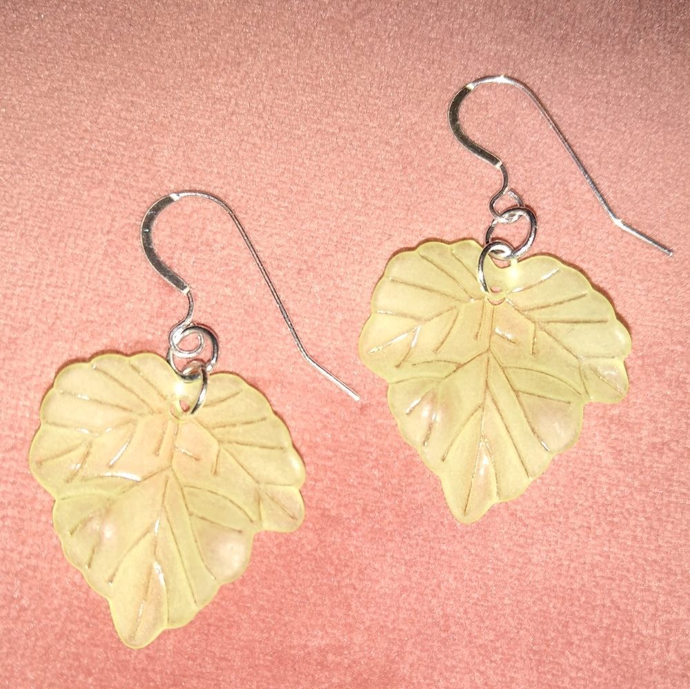 Solid 925 Sterling Silver Hooks Frosty Green Ivy Leaves Handmade Leaf Earrings